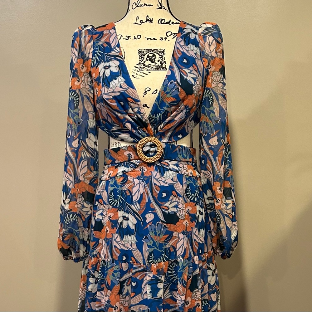 Gianni Bini Lillian Floral Print Deep V-Neck Cut-Out Tiered A-Line Dress - Picture 11 of 16